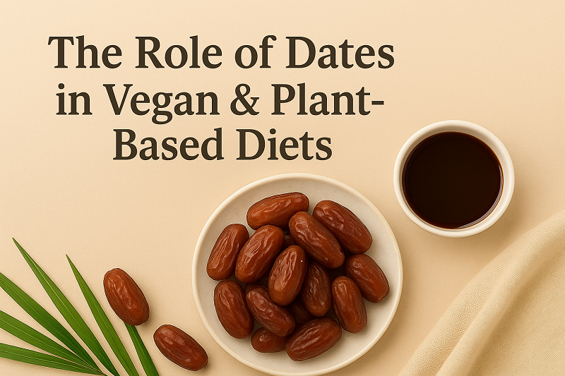 "Premium Iranian dates and date syrup on beige background illustrating the role of dates in vegan and plant-based diets – NOVEXPORT"