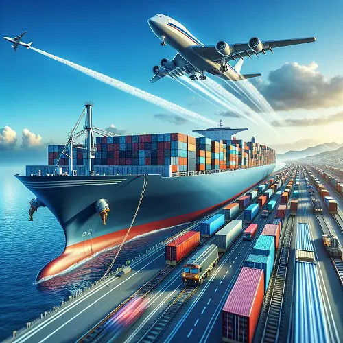 Global export logistics with cargo ship, airplane, and freight containers – international date export by NOVEXPORT
