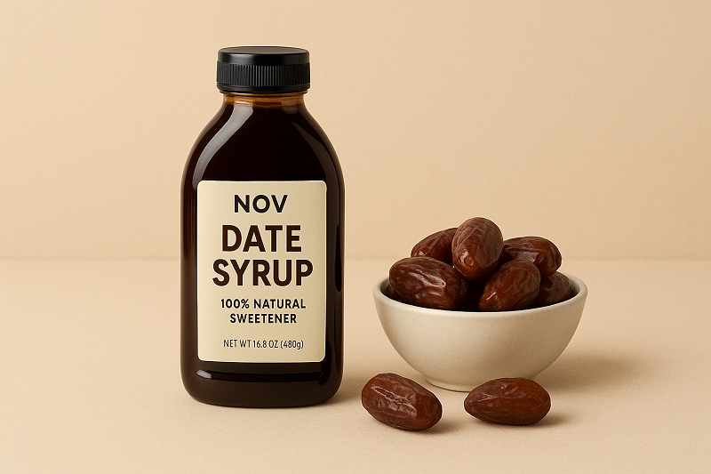 "Premium Iranian dates and date syrup on beige background illustrating the role of dates in vegan and plant-based diets – NOVEXPORT"