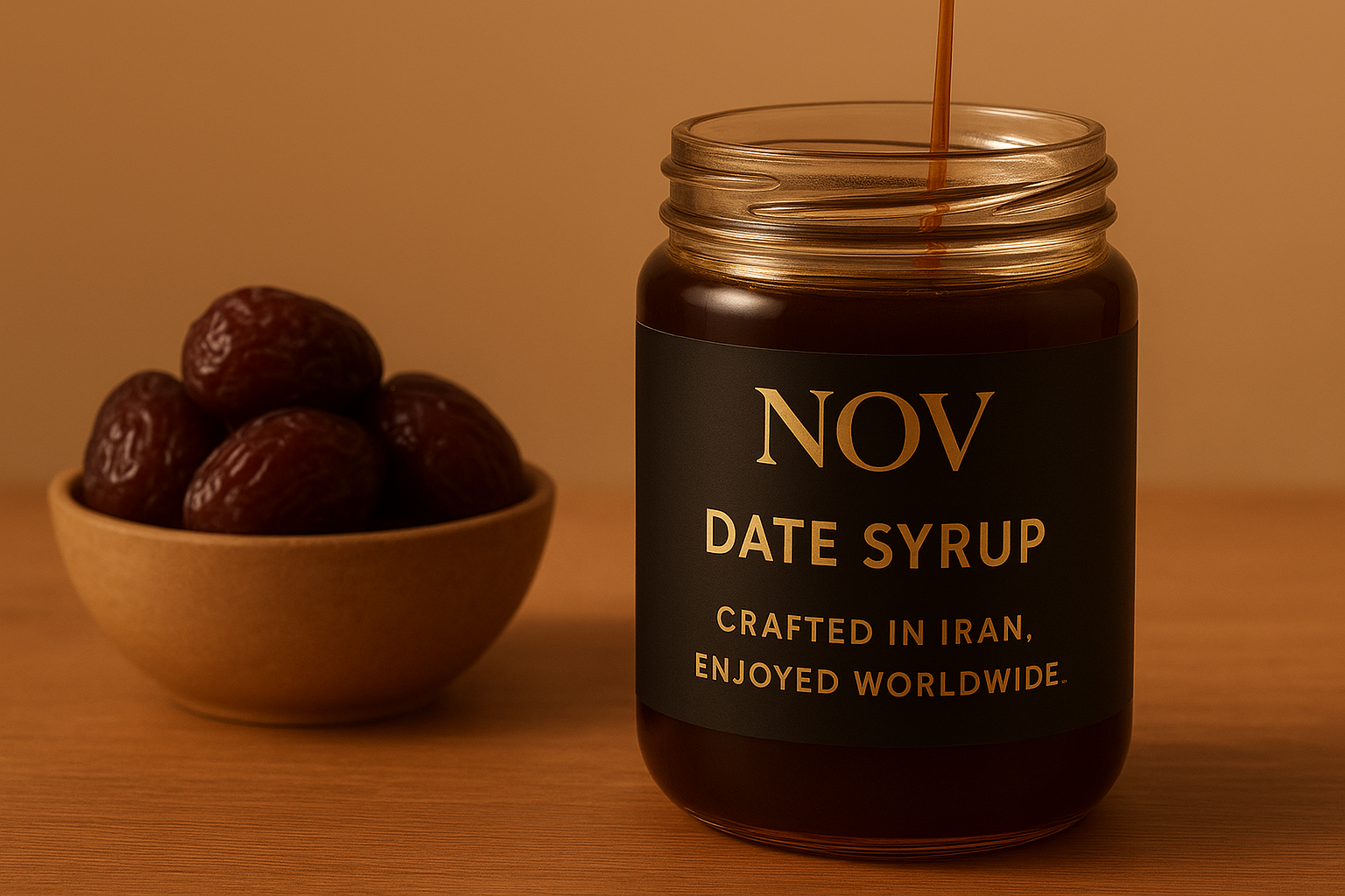 “Premium NOV Date Syrup in a glass jar with natural dates beside it – pure, healthy sweetener crafted in Iran and enjoyed worldwide.”
