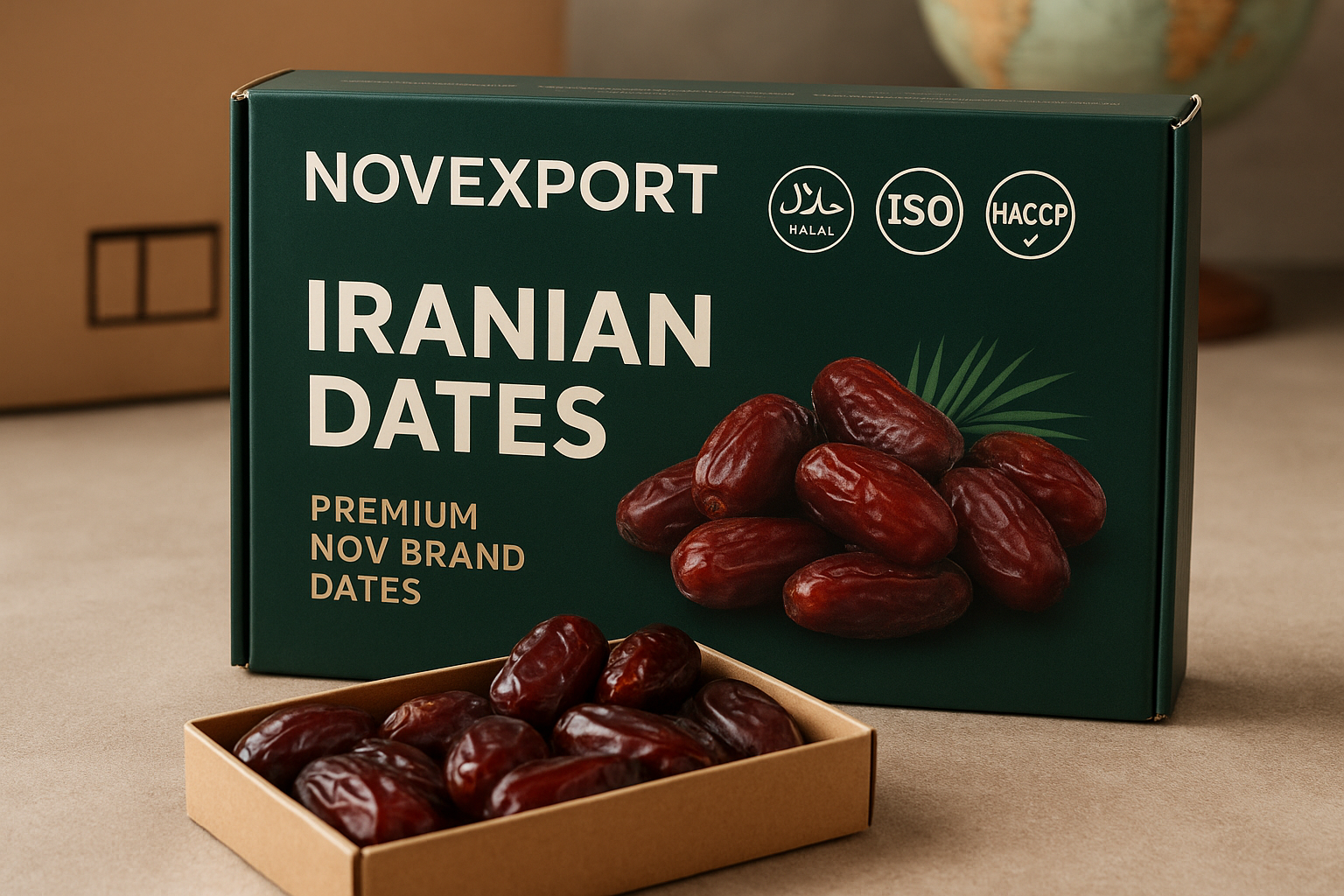 “Halal, ISO, and HACCP certified Iranian dates by NOVEXPORT – premium NOV brand dates for international export”